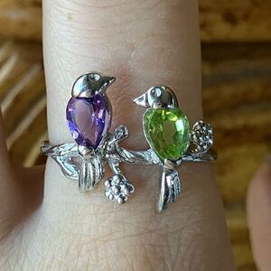 Natural Amethyst Peridot Sterling Silver Artistic Bird Ring Size 9.75